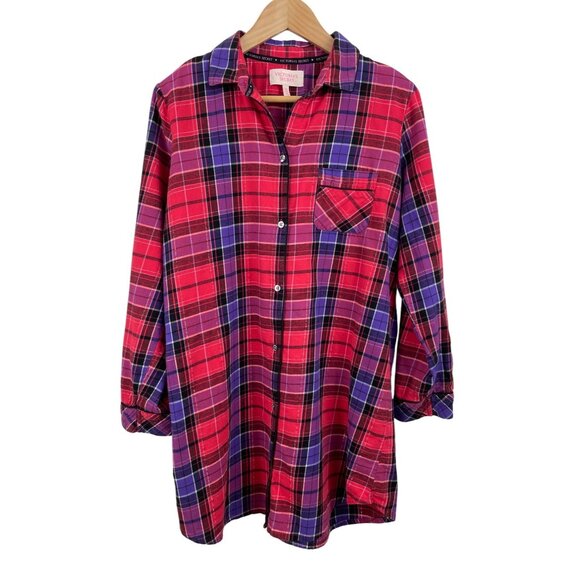 Victorias Secret Womens Plaid Button Down Flannel Shirt Dress Medium Red Purple - Picture 1 of 10